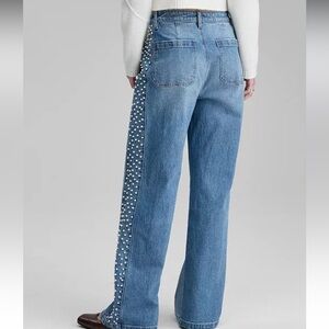 Elegant Blue High Rise Women's Jeans with Pearl Accents
